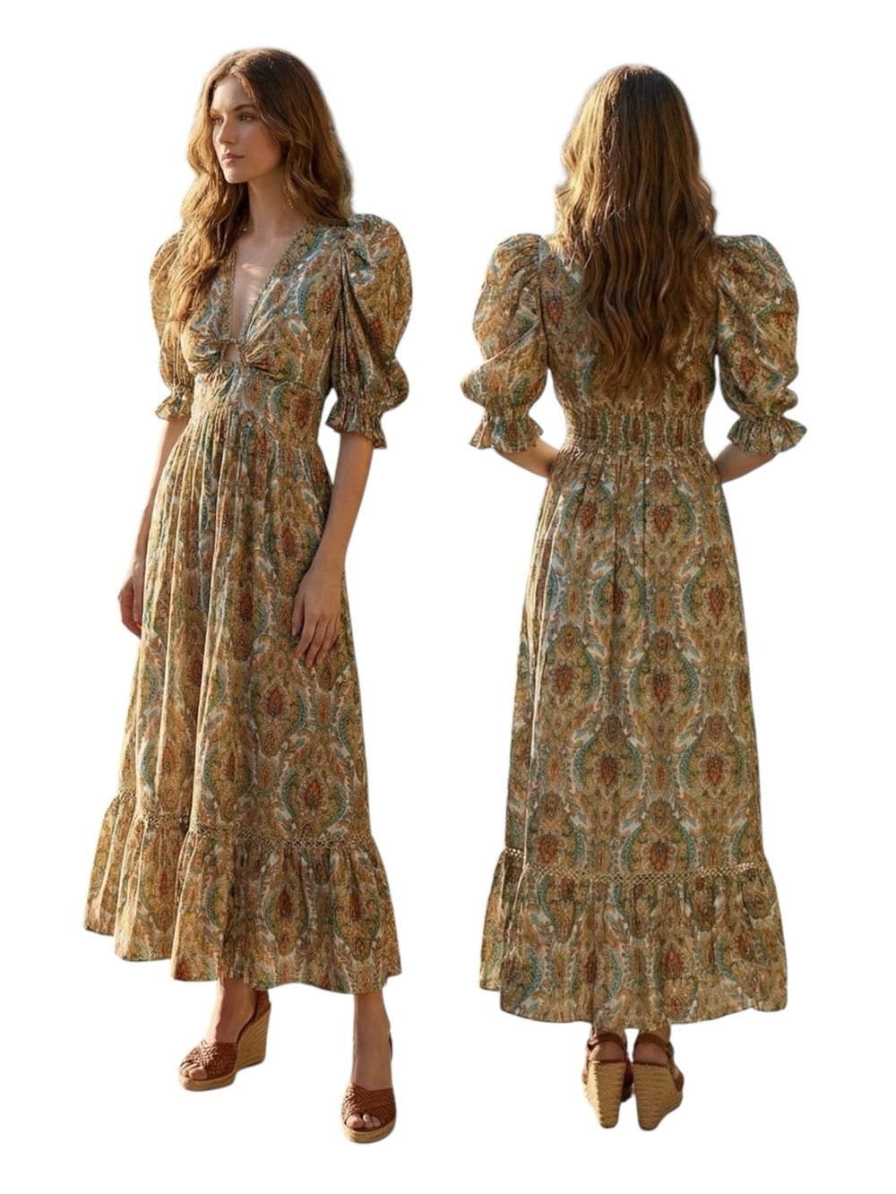 $100 NWT Trish Scully Bohemian Paisley Smocked Puff Sleve Elegant Maxi Dress XS